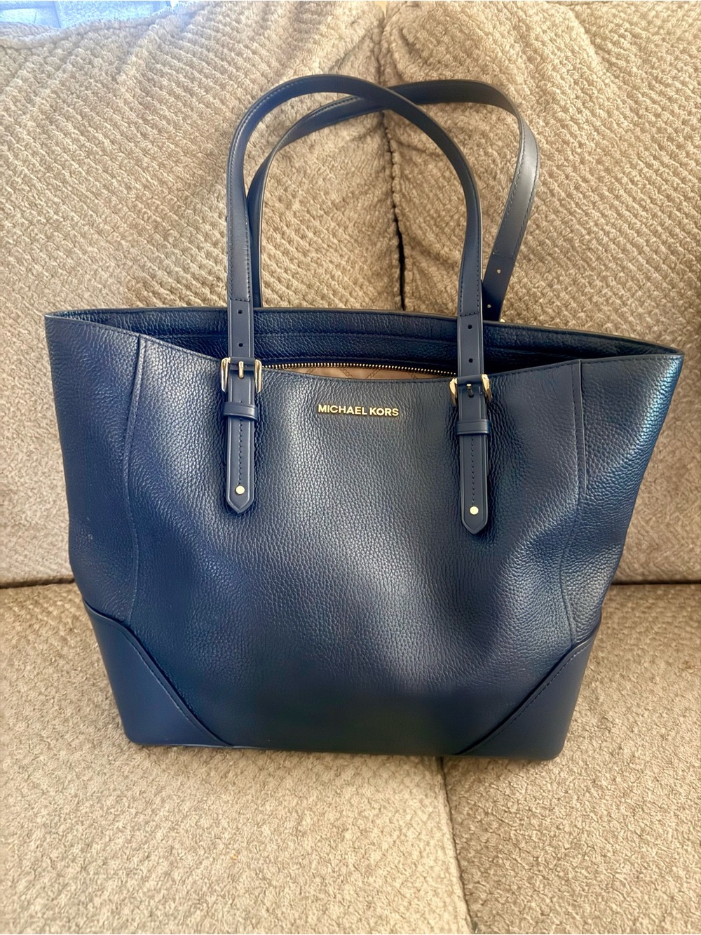 Michael Kors Deep Navy Leather Tote with Gold Hardware
